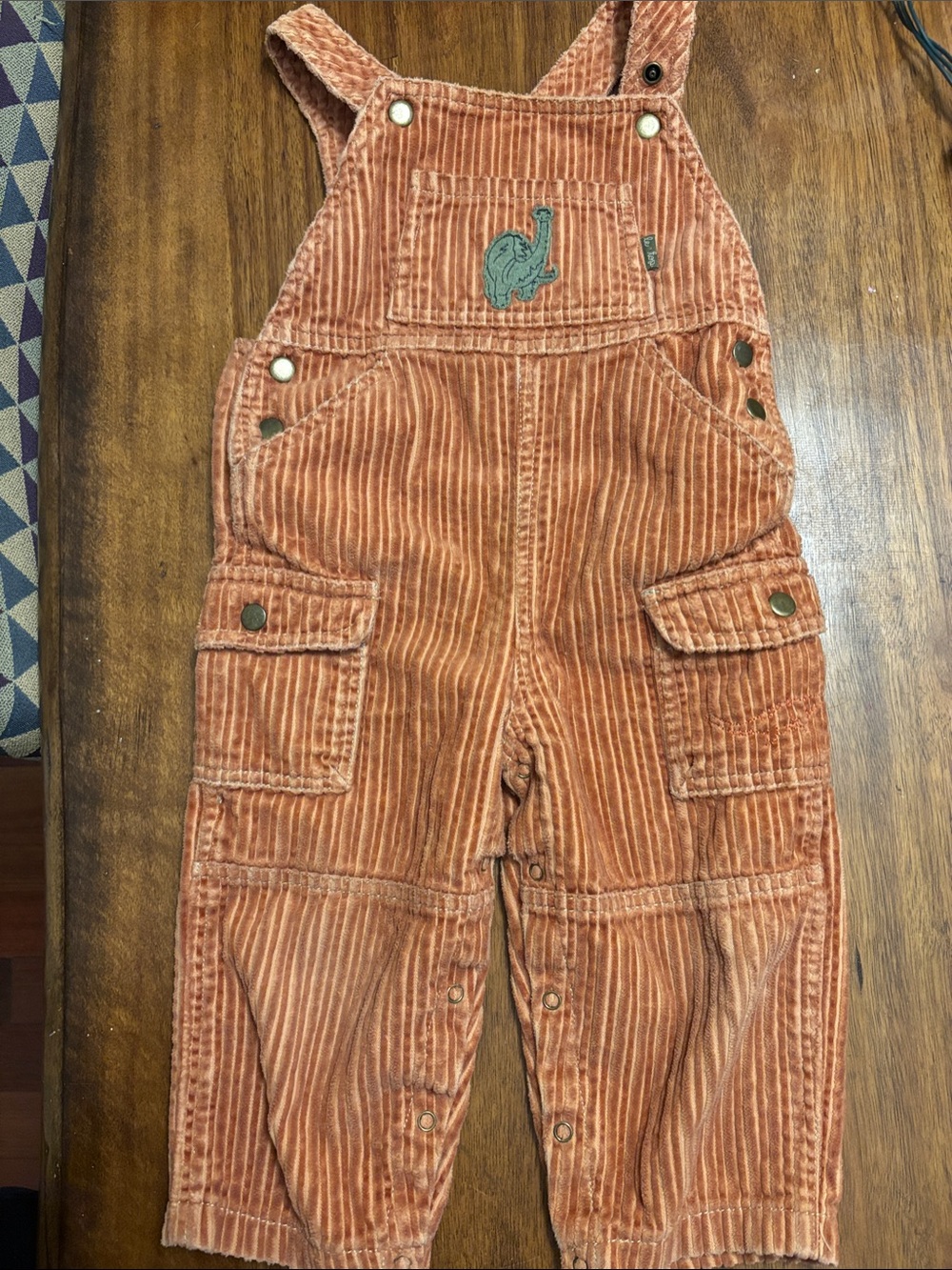 Le Top Rust Corduroy Overalls with Green Dinosaur Patch -‎ 24 mos